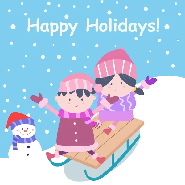 Happy Holidays Illustration Little Boy Girl Snowman Perfect Invitations Greeting — 스톡 벡터