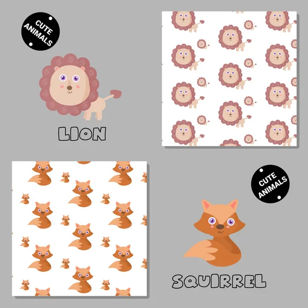 Set Vector Seamless Patterns Animals Hand Drawn Illustration Lion Squirrel — Image vectorielle