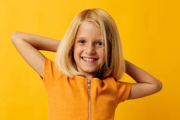 stock image Young blonde girl blonde straight hair posing smile fun childhood lifestyle unaltered