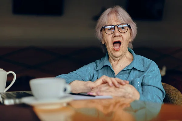 Mulher sênior feliz em um café uma xícara de bebida laptop Estilo de vida inalterado — Fotografia de Stock