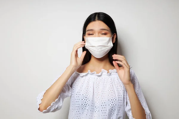 Portrait Asian beautiful young woman face shield safety close-up isolated background unaltered — Stock Photo, Image