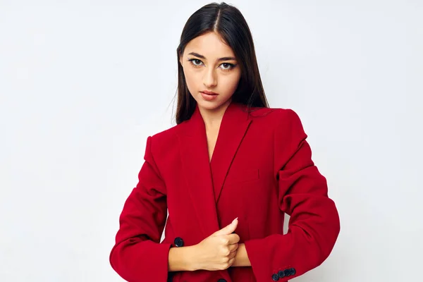 Young woman fashion jacket posing isolated background unaltered — Stockfoto