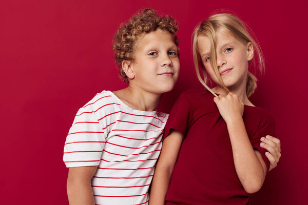 Cute stylish kids fun childhood entertainment red background