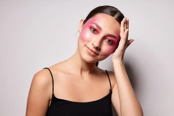 Beauty fashion female smile bright pink makeup emotions cosmetics isolated background unaltered — Stock Photo, Image