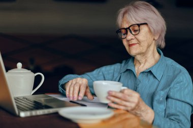 Gözlüklü yaşlı bir kadın bir dizüstü bilgisayarın önünde hiç değiştirilmeden oturuyor.