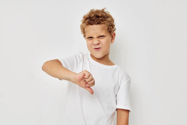 Curly boy childrens style fashion emotions isolated background — Stock Photo, Image