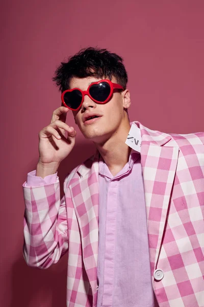 Photo of romantic young boyfriend self confidence pink plaid blazer fashion posing model studio — Stock Fotó
