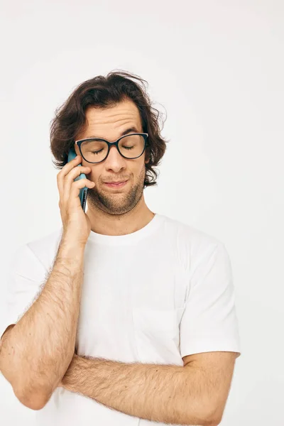 Cheerful man telephone communication hand gesture isolated background — Fotografia de Stock