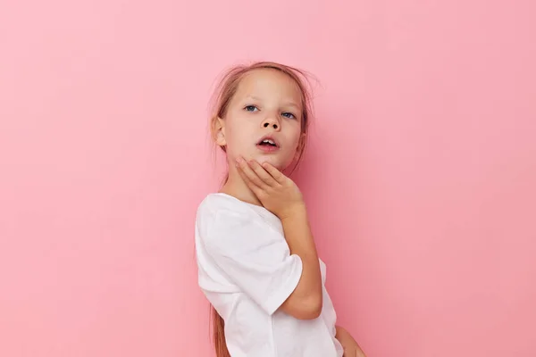 Portrait of happy smiling child girl grimace posing fun Lifestyle unaltered — Zdjęcie stockowe