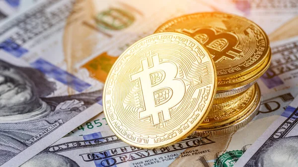 Golden Bitcoin Encuentra Los Billetes Nuevo Dinero Virtual Crypto Moneda — Foto de Stock