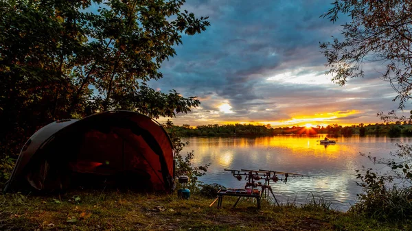 Fishing Adventures Carp Fishing Angler Sunset Fishing Carpfishing Technique Camping — Stock Photo, Image