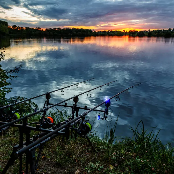 Aventuras Pesca Pesca Carpas Pescador Atardecer Pesca Con Técnica Carpintería —  Fotos de Stock