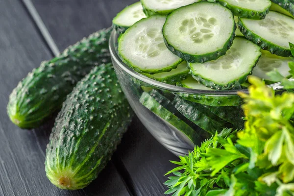 Pepino Fundo Textura Madeira Escura Colheita Pepinos Verão Pepinos Saladas — Fotografia de Stock