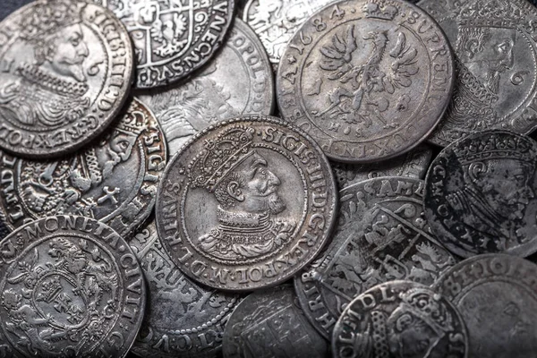 Närbild Medeltida Europeiska Silver Mynt Zygmunt Iii Waza Ancient Silver — Stockfoto