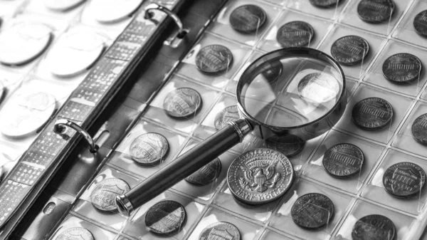 Numismatics Old Collectible Coins Made Silver Wooden Table Coins Album — Stock Photo, Image