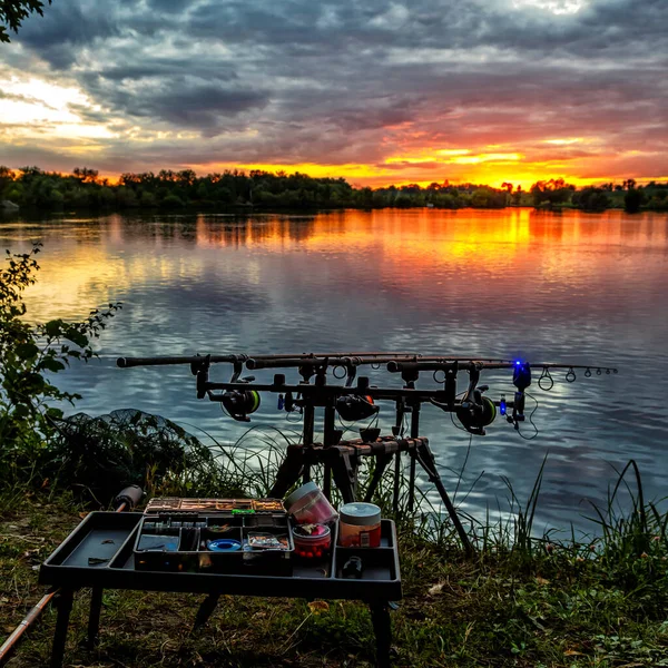 Aventuras Pesca Pesca Carpas Pescador Atardecer Pesca Con Técnica Carpintería — Foto de Stock