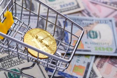 Altın Bitcoin banknotların üzerinde yatıyor. Yeni sanal para. Şifreli para birimi üst görünümü. 100 dolarlık banknotlarda gerçek bitcoin paraları. Değiş tokuş, reklam. çevrimiçi iş kavramı.
