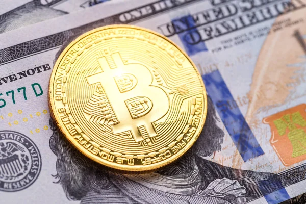 Golden Bitcoin Encuentra Los Billetes Nuevo Dinero Virtual Crypto Moneda — Foto de Stock