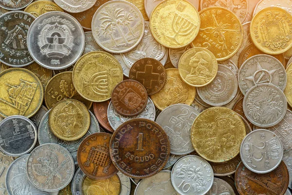 欧洲钱币的背景 钱币学 英国英镑硬币 美国硬币 世界各国硬币 — 图库照片