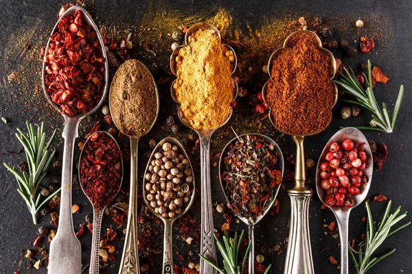 Various Spices Vintage Spoons Stone Table Colorful Herbal Spices Oriental — Stock Photo, Image