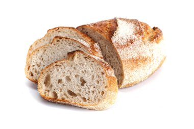 Beyaz arka planda taze pişmiş ekmek. Sağlıklı ekmek tarifi. Yalıtımlı eşyalar, pişirme, yan vew.
