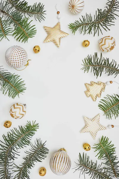 Christmas New Year Composition Frame Made Fir Tree Branches Golden Royalty Free Stock Images