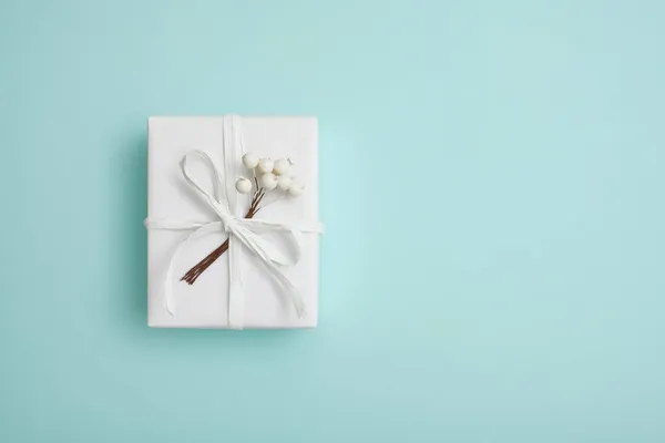 One Gift Box Wrapped White Paper Decorated Ribbon Berries Blue Royalty Free Stock Photos