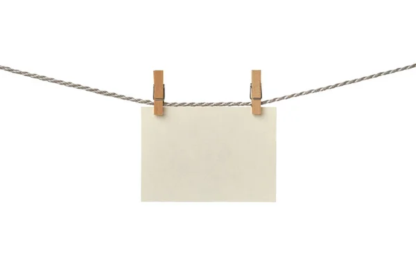 Old Paper Blank Card Hanging Clothesline Isolated White Background Royalty Free Stock Images
