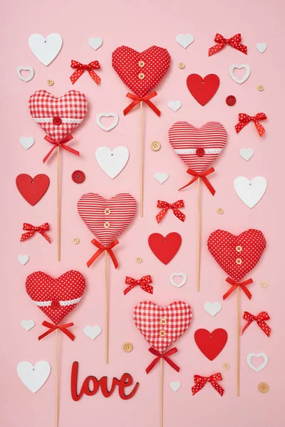 Flat Lay Valentine Day Composition Made Different Hearts Pink Background Stock Photo