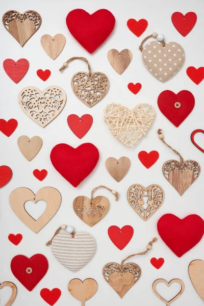 Flat Lay Valentine Day Composition Made Different Hearts White Background Stock Photo