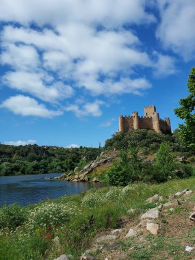 Eski bir Avrupa şatosunun ortaçağ manzarası, güneşli bir yaz gününde bir gölle çevrili.