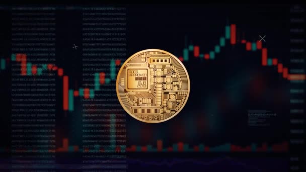 Manet volumétrico de Bitcoin girar contra o fundo de cotações — Vídeo de Stock