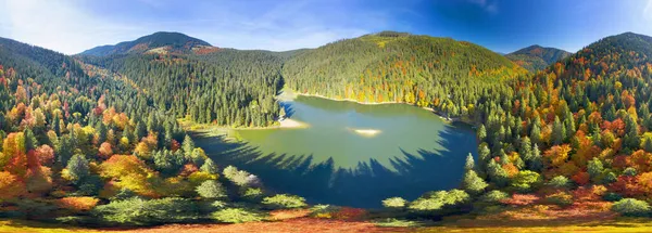 著名的齐纳维尔湖 一个旅游胜地 在喀尔巴阡山脉 乌克兰 秋天山毛榉和针叶林 美丽的山景 空中观察无人驾驶复印机 — 图库照片