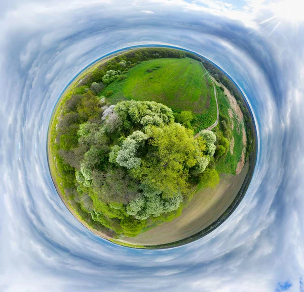 Sferyczna Panorama Pola Jasnego Kolorowego Majowego Sadu Wiśniowego Podobnego Planety — Zdjęcie stockowe