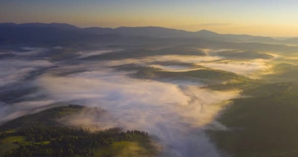 日の出の朝の霧の山の上にドローン飛行 時間のラップの加速撮影のビデオでは 雲が急速に山の峰や谷の上を飛ぶ カルパティア人 ウクライナ — ストック動画