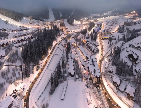 Estación Esquí Los Cárpatos Fue Filmado Desde Aire Noche Navidad — Foto de Stock