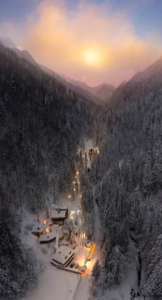 Ski Cottages Carpathians Were Filmed Air Christmas Night New Year — Stock Fotó