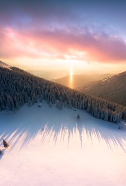 Mount Khomyak in the Carpathians, Hoverla and Petros Chernogora on the horizon, the sun's rays at sunset - a rare occurrence, fog, wild forests. Panorama from drone. clipart