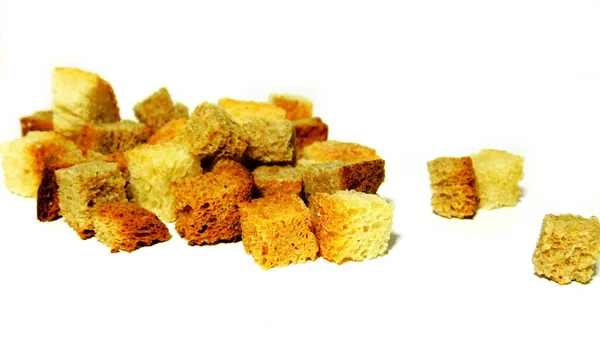 Delicious Crispy Bread Croutons White Background — Stockfoto