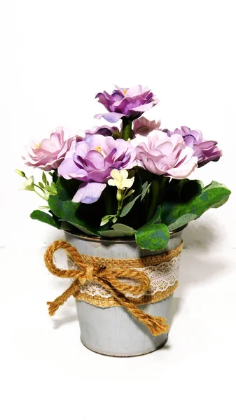 Beyaz arka planda bir kova içindeki güzel mavi buket.