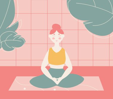 Cute trendy minimalist flat illustration of a girl doing yoga, lotus pose, meditation