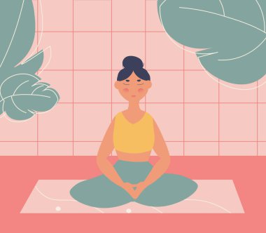 Koyu tenli bir kızın yoga, nilüfer çiçeği pozu ve meditasyon yaparken çekilmiş şirin, minimalist düz çizimi.