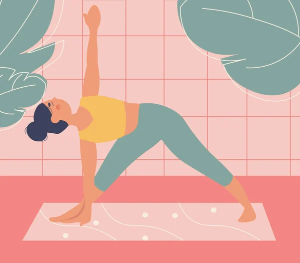 Modern Minimalist Bright Flats Illustration Dark Skinned Girl Doing Yoga — 图库矢量图片