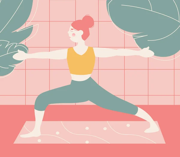 Modern Minimalist Bright Flats Illustration Girl Doing Yoga Warrior Pose —  Vetores de Stock