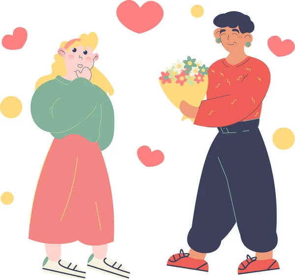 Cute Flatt Illustration Couple Love Guy Gives Girl Flowers — 图库矢量图片