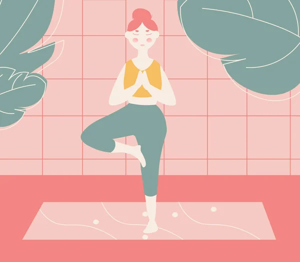 Minimalist Beautiful Colorful Illustration Girl Who Does Yoga Healthy Lifestyle — 图库矢量图片