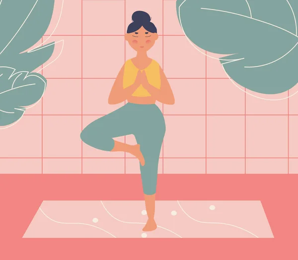 Cute Modern Flats Illustration Girl Who Does Yoga — Διανυσματικό Αρχείο