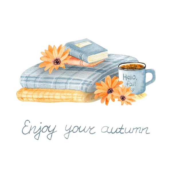 水彩缤纷的秋天舒适的毛毯与书籍和一杯咖啡 雪白的秋天格子花和橙花 秋天的气氛 — 图库照片