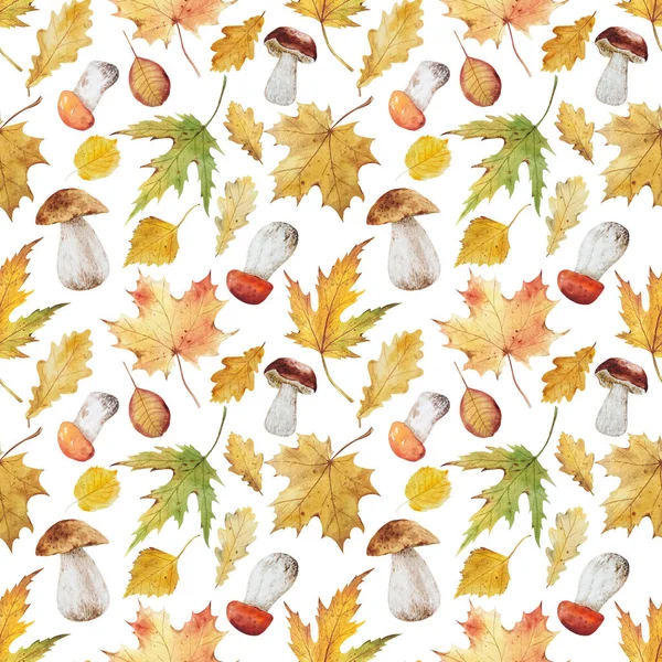 Watercolor Autumn Forest Seamless Pattern Hello Fall Yellow Leaves Forest — Stock Photo, Image