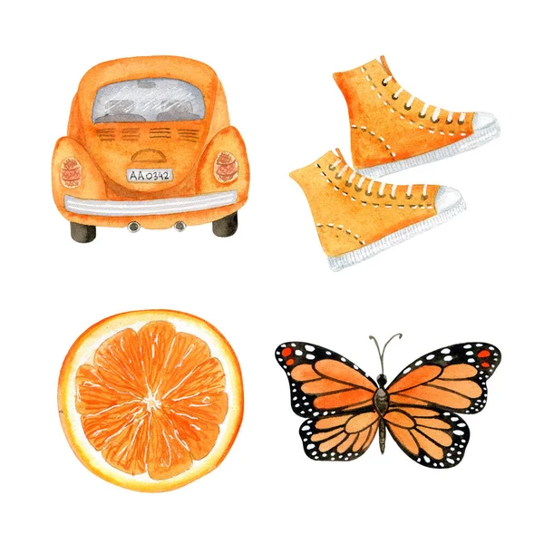 Watercolor bright stickers set. Orange car, citrus, sneackers and butterfly. For seasonal fall or summer decoration